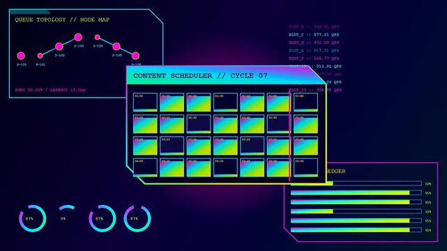 a content scheduler interface displays data processing cycles on a dark monitor screen with flowing lines and glowing vibrant interface elements during a system analysis