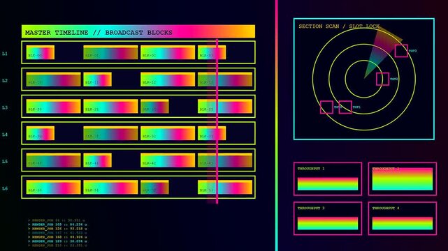 A content scheduler interface glows on a digital screen displaying grid blocks radar scans and glowing line indicators during a smooth motion visual sequence presentation