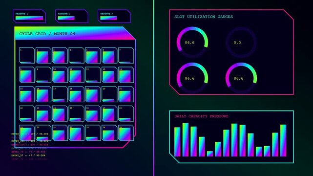 A content scheduler interface glows on a digital screen displaying fluctuating volumetric bar charts and circular progress gauges in a vibrant gradient color palette layout