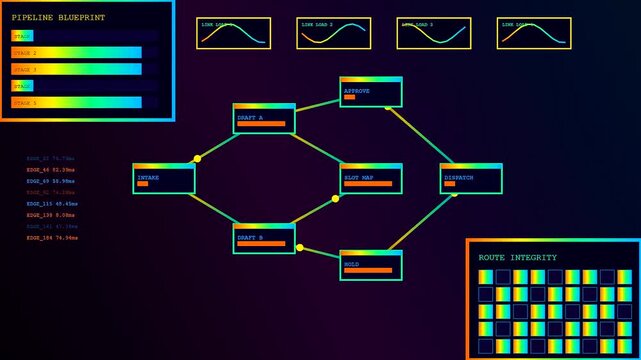 a content scheduler visualizes digital workflows through colorful glowing nodes connected by lines on a dark interface displaying systemic logic in this animated monitor readout display