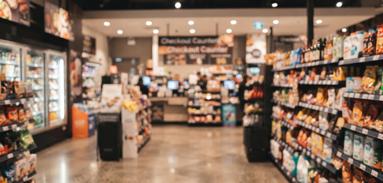 Warm convenience store interior with fully blurred shelves, packaged goods, refrigerators, checkout areas, and bright lighting, creating a versatile commercial background with copy space
