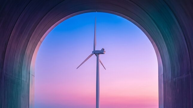 Wind turbine framed by a concrete arch bridge at sunset