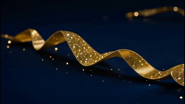 Golden glittery ribbons arranged in wavy patterns on deep blue surface with floating particles