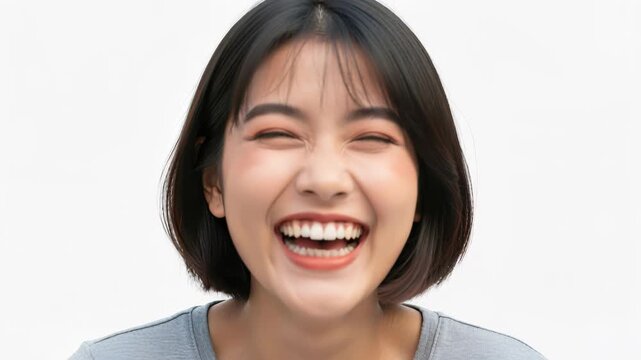 Joyful Laughter: A young woman with a short bob hairstyle beams with infectious laughter, her eyes crinkled and teeth showing in a moment of pure, unadulterated happiness.