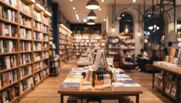 Modern bookstore interior with fully blurred shelves of books, reading displays, tables, and warm ambient lighting, creating an inviting retail background with gentle bokeh and copy space