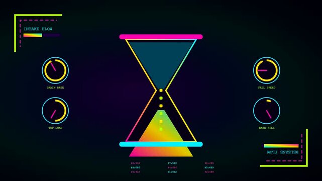 A digital content scheduler interface featuring animated hourglass loading bars with neon glowing graphs and circular dials measuring flow rates within a dark computer interface screen