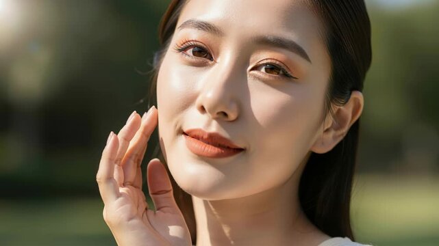 Glowing Asian Beauty in Nature: A radiant young woman with flawless skin and subtle makeup, touches her cheek gently outdoors, bathed in the warm sunlight.