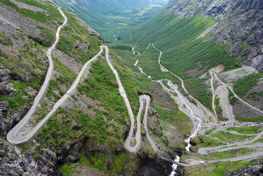 Winding Trollstigen mountain road above Isterdalen Valley in Norway