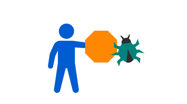 Person blocking a software bug icon with stop sign for security