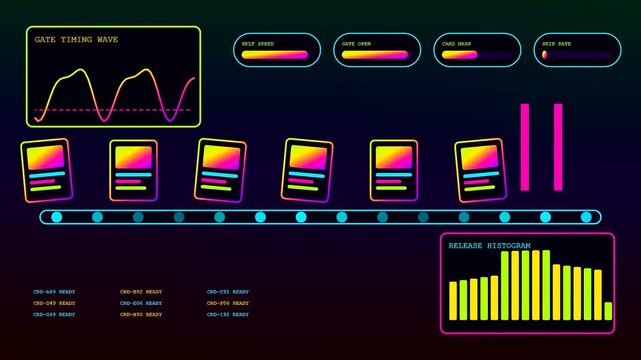 A digital content scheduler displays animated data visualizations on a dark interface showing automated card processing flows with rhythmic pulse signals and bright neon graphical interface elements