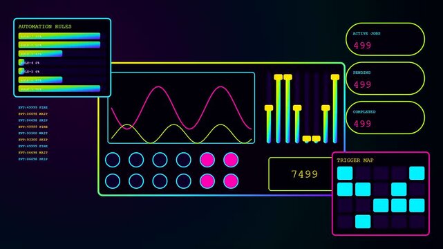 A digital content scheduler interface showing rhythmic wave patterns and glowing bar graphs across multiple flickering monitor screens with dark ambient light in a control center room