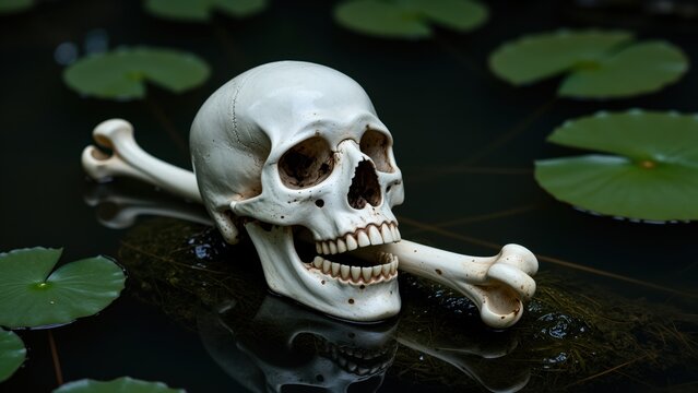 Artificial human skull and bones floating in dark water with lily pads, medical model for healthcare, science, or Halloween themes