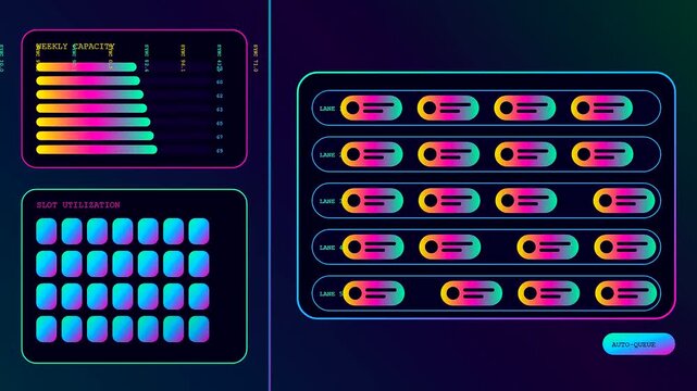 A content scheduler interface displayed on dark screens showcasing colorful progress bars and glowing square nodes arranged in organized patterns for managing digital task workflows efficiently