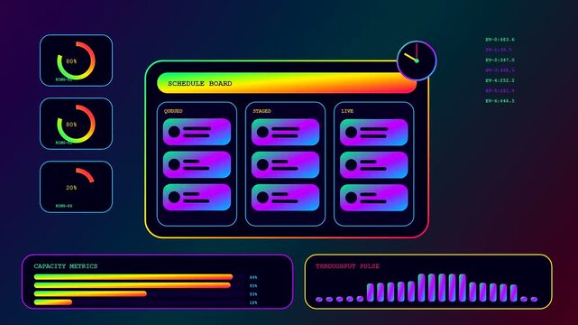 A content scheduler interface display glowing with multiple status boards and linear progress bars showing data trends in a dark digital space for monitoring modern metrics