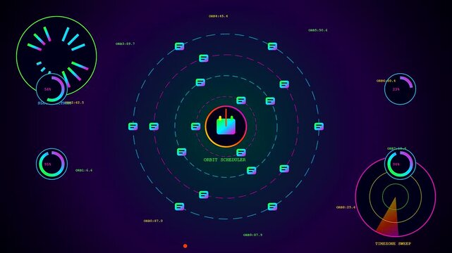 A content scheduler graphic interface displays colorful rotating circles and digital orbital nodes in a rhythmic sequence within this vibrant motion study of data management