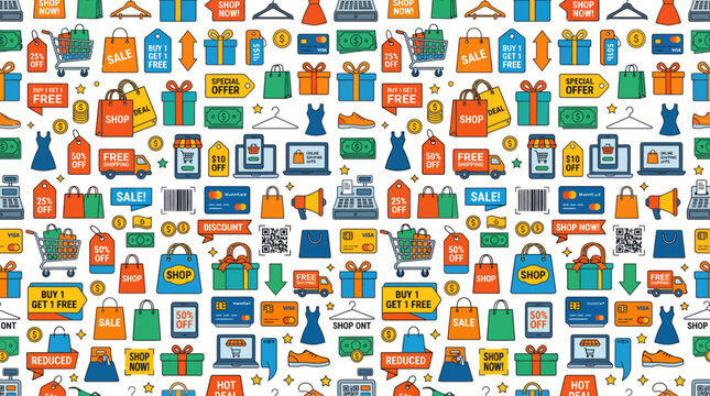 Vibrant retail shopping pattern with flat line icons of carts and gift boxes for ecommerce marketing and store promotion