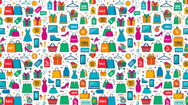 Vibrant retail e-commerce seamless pattern featuring shopping bags discount tags gift boxes and fashion icons in flat line art style