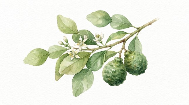 Watercolor Kaffir Lime Jeruk Purut Branch Illustration Set