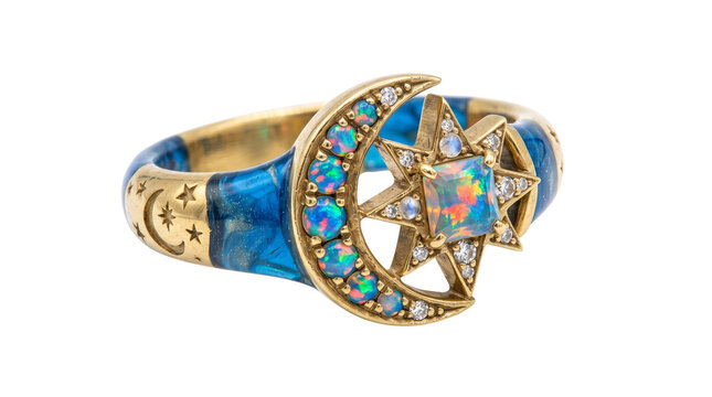 Celestial gold ring with crescent moon and star, opal and diamond jewelry, blue enamel astronomical band on white background