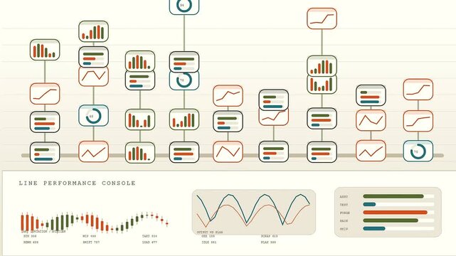 Cleanroom assembly line dashboard interface displaying complex data charts and real time monitoring graphs with vibrant signal indicators in a digital studio setting for factory operations
