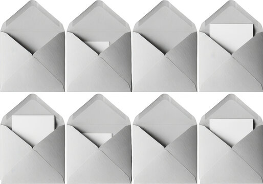 Set of grey envelopes with paper cards inside isolated on transparent background