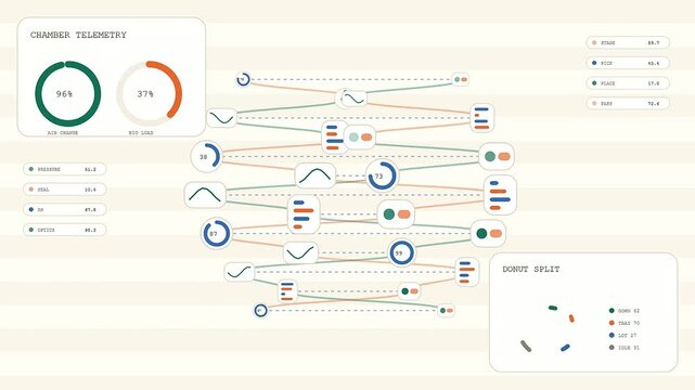 A digital cleanroom assembly monitoring interface showcases circular graphs and data flows for industrial automation systems during a continuous workflow cycle on a neutral cream screen