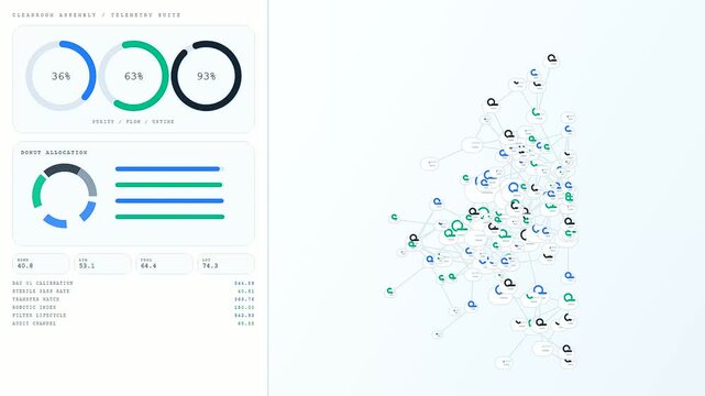 A digital cleanroom assembly interface displays animated circular progress charts and complex node network visualizations representing live process data monitoring on a soft gray studio backdrop