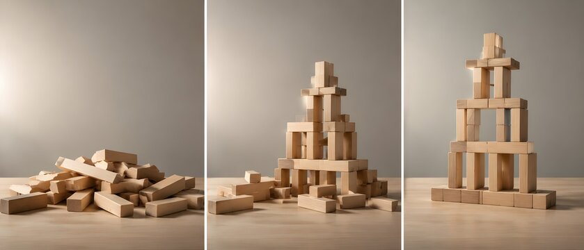 Collapsed Wooden Blocks Rebuild Into Stable Structure Symbolizing Learning Resilience Recovery Improvement and Stronger Foundations
