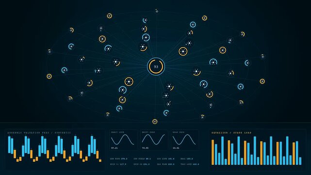Cleanroom assembly data interfaces populate three screen displays featuring rhythmic animated bar graphs and central nodes with bright yellow circular symbols glowing on a dark blue canvas