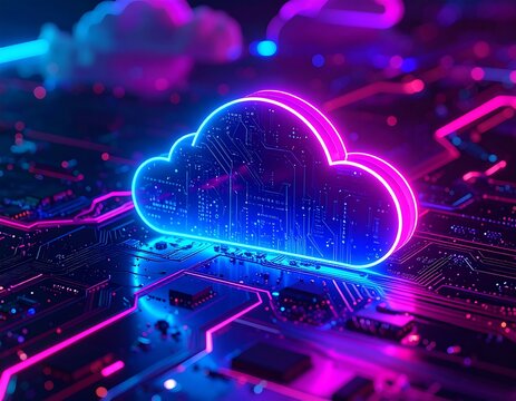Glowing neon cloud symbol resting on a complex circuit board with vibrant blue and pink lights. Ideal for cloud computing and data storage concepts.
