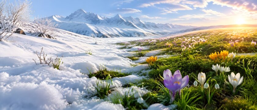Snow Covered Ground Revealing Spring Grass and Flowers Symbolizing Renewal Hope and Fresh Beginnings Ahead