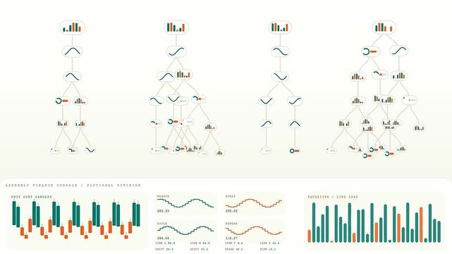 Data flow analytics and cleanroom assembly monitoring visuals depicted through animated network node maps and bar chart sequences displayed on a digital interface screen panel