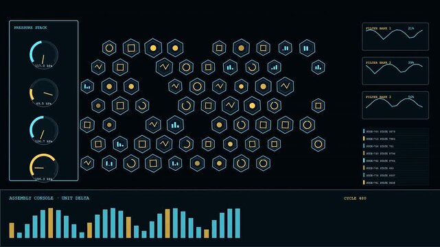 Cleanroom assembly interface displays animated data arrays showing multiple diagnostic cycles with glowing circular pressure gauges and digital bar charts on a dark interface screen grid
