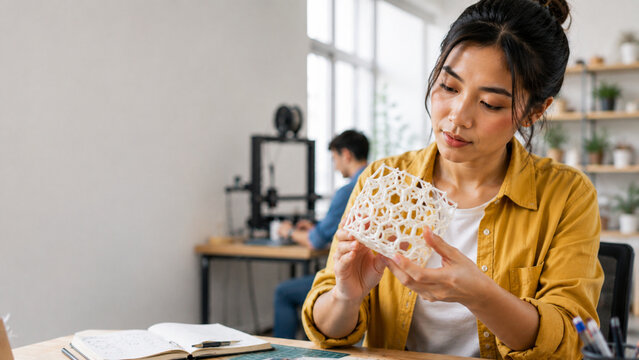 Designer rotates a modular 3D printed prototype during review