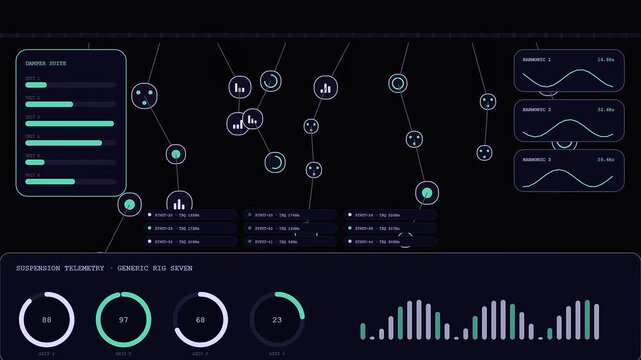 Cleanroom assembly data monitoring dashboard shows neon green graphs and complex mathematical telemetry charts on a dark digital interface during advanced mechanical diagnostic testing of equipment