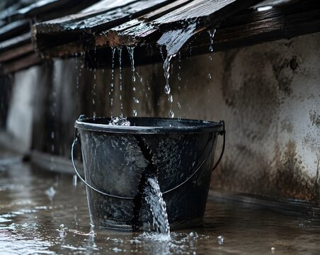 Cracked Rainwater Bucket Under Leaking Roof Symbolizes Ineffective Solutions, Resource Loss, and Persistent Household Problems