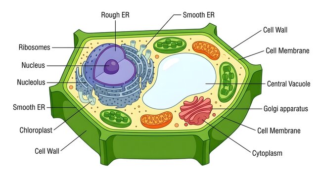 Educational illustration of a plant cell structure with labeled organelles for biology science study