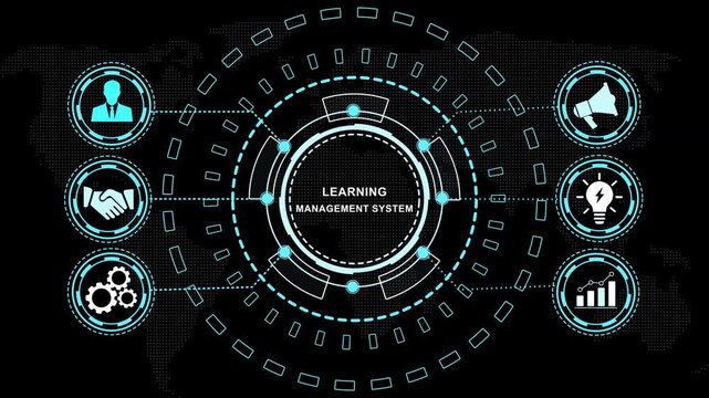 Advanced learning management system digital interface featuring global connectivity corporate education technology, e-learning software solutions, data analytics, and training network