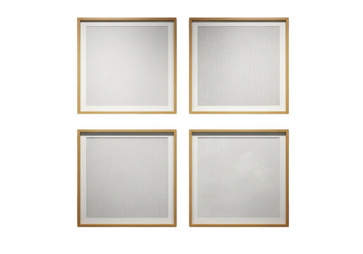 Four square art prints with wooden frames on wall isolated on transparent background