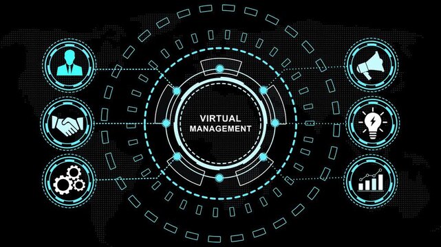 Advanced virtual management hud interface featuring global business connectivity, digital network analytics, corporate strategy and futuristic data visualization for tech presentations