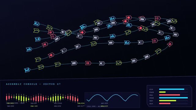 Abstract cleanroom assembly digital interface displays flowing arrow icons and data graphs showing systematic progression of industrial logistics cycles moving across a dark space monitoring screen