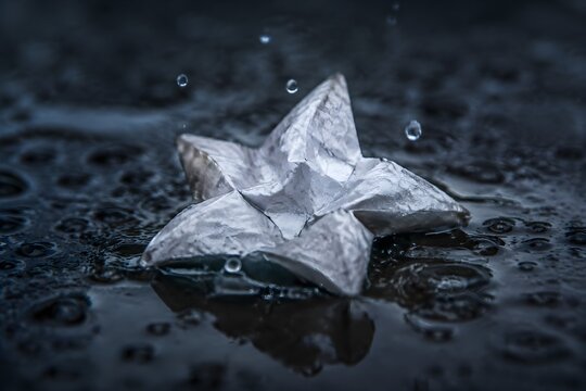 Crushed Paper Star in Dark Puddle Symbolizes Broken Dreams Disappointment Failure Sadness and Fading Aspirations