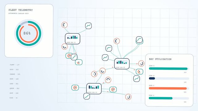 Data flow visualisation showing cleanroom assembly operations with real time metrics and abstract network links displayed across three stages of a digital monitoring software interface screen