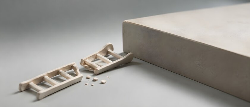 Broken Ceramic Ladder Beside Unreachable Platform Symbolizes Failed Ambition Limited Access Barriers and Frustrated Progress