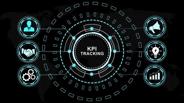 Advanced kpi tracking digital interface featuring animated hud global business analytics, performance metrics, strategic growth indicators, and corporate data visualization for modern enterprise