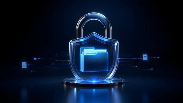 Glowing digital folder protected inside a transparent security shield representing safe cloud storage encrypted data and cybersecurity.