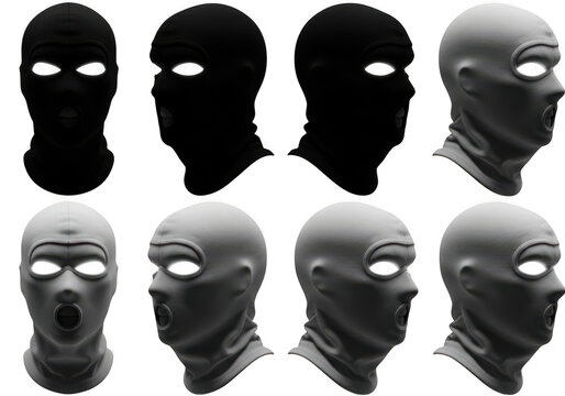 Set of balaclava mask head icons in different angles isolated on transparent background