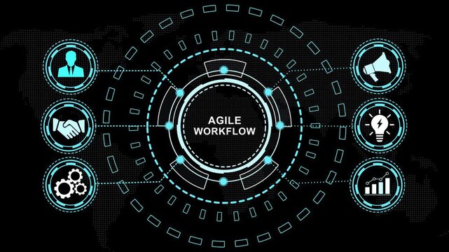 Dynamic agile workflow digital interface featuring animated hud global connectivity and project management strategy visualization for modern corporate business technology solutions