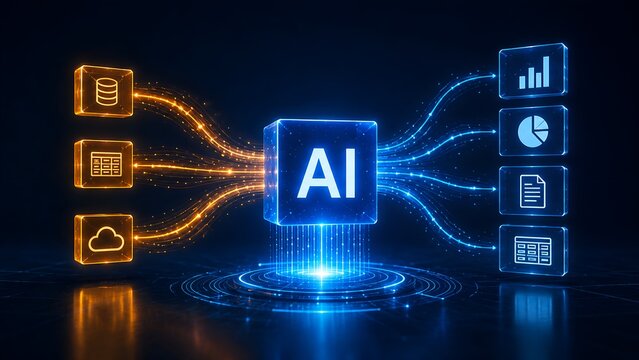 Artificial intelligence central hub connecting digital nodes representing data analysis cloud storage and business strategy