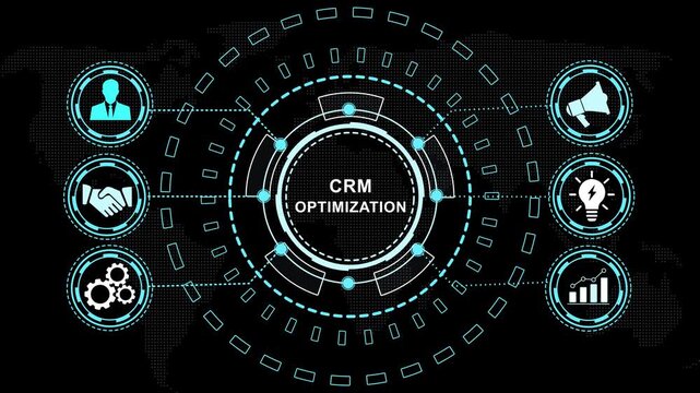 Advanced crm optimization digital interface featuring animated hud global business connectivity data analytics visualization, and futuristic corporate technology motion background